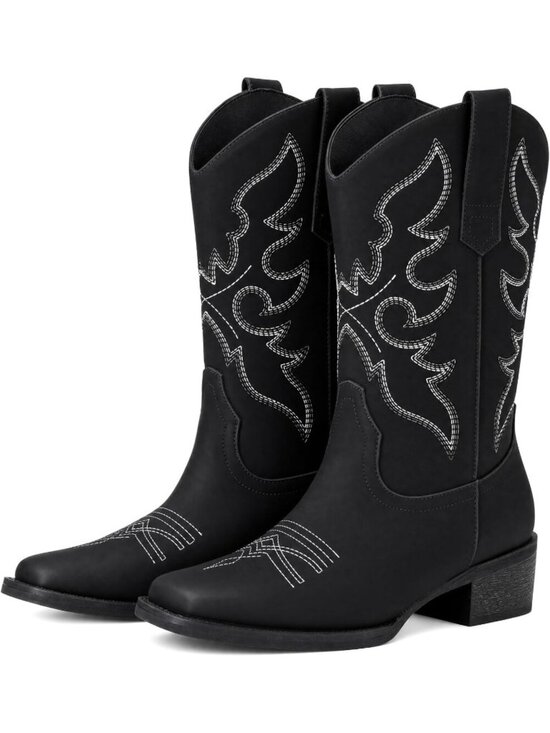 Shoes - Women's Black Cowgirl Square Toe Mid Calf Western Pull On Low Chunky Heels